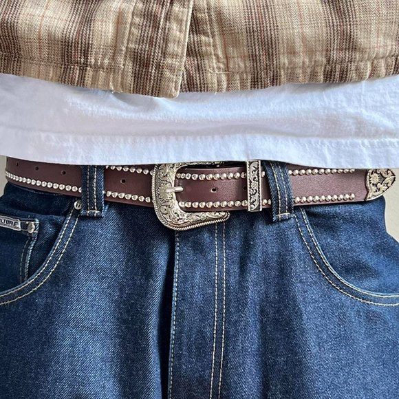 vintage brown studded american western cowboy boho belt - Picture 2 of 8
